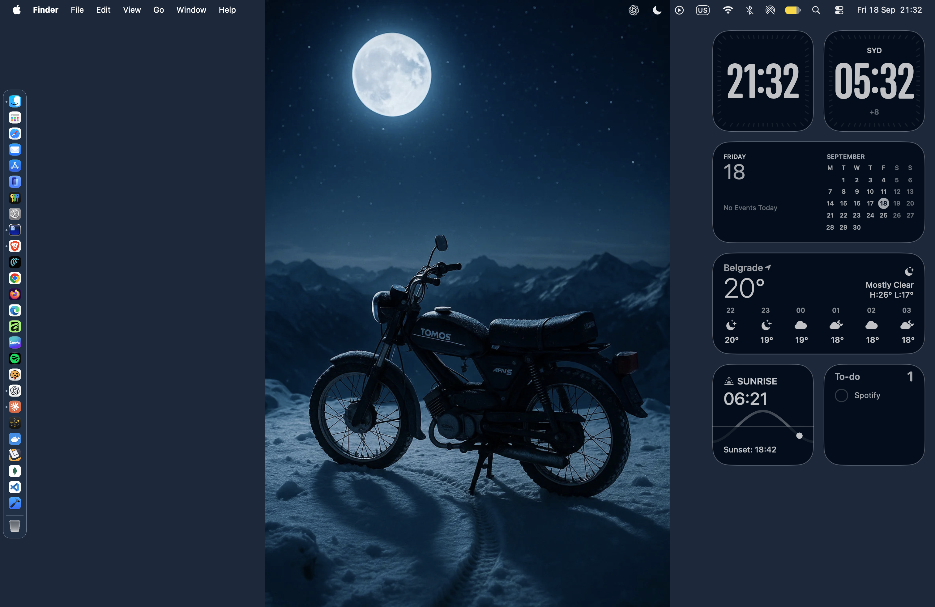 My macOS 27 desktop — dark wallpaper, dimmed widgets and a Dock with no suggested apps