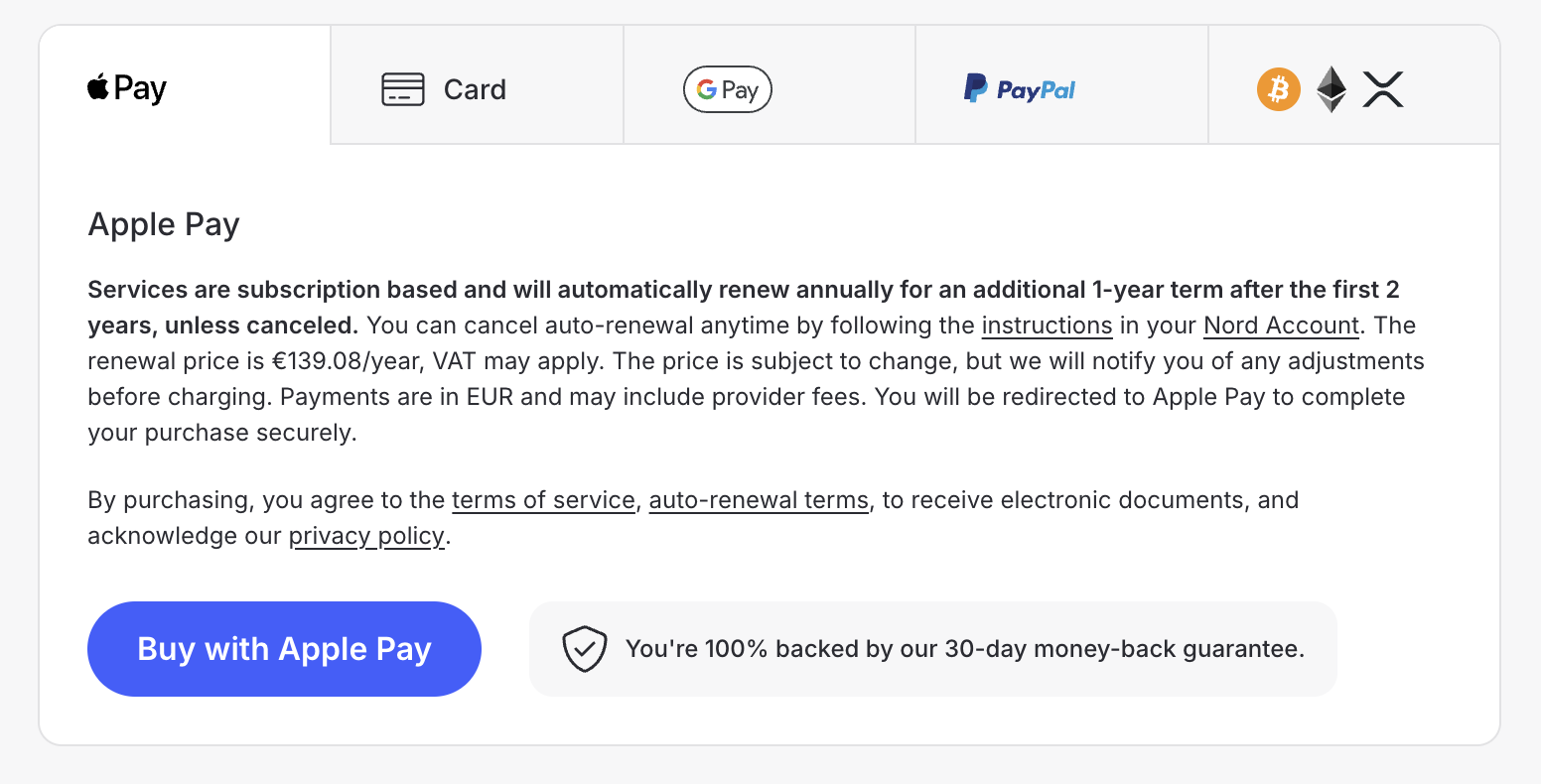 NordVPN checkout — same paragraph, with the number in it