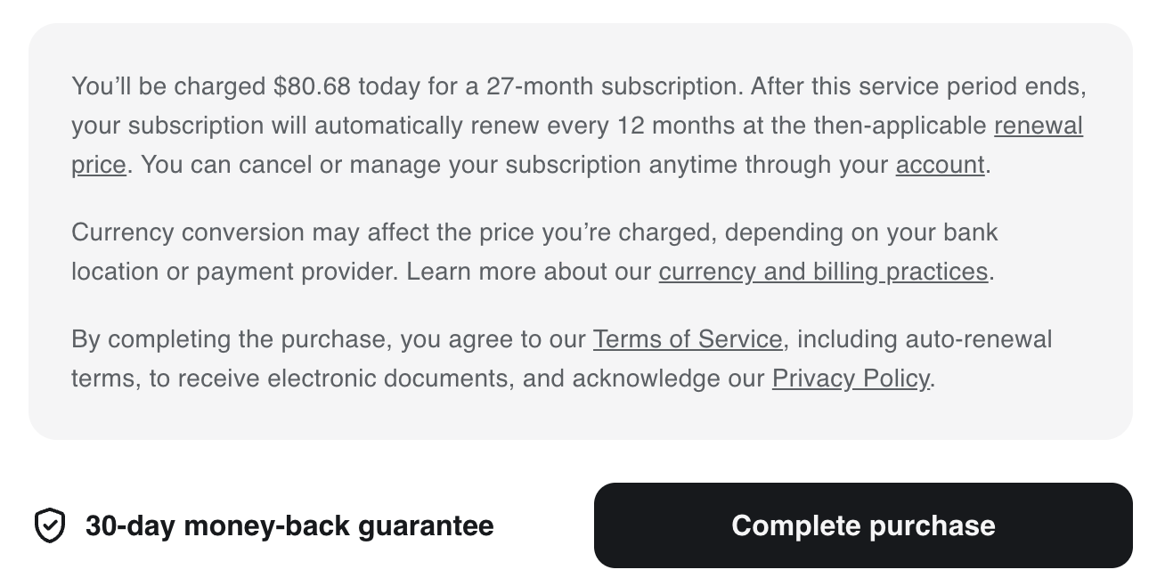 Surfshark checkout — the renewal price is a link, not a number